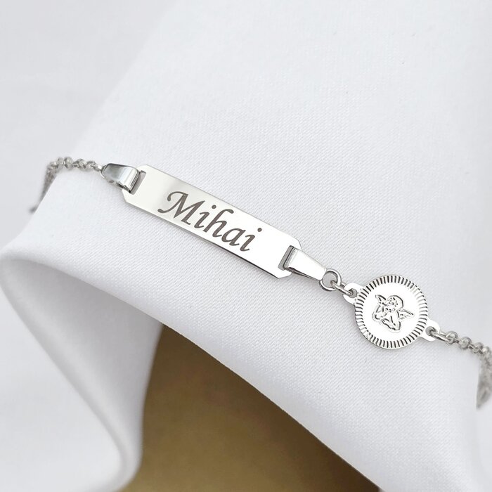 Bratara bebe - Placuta cu nume - Simbol ingeras si lantisor - Argint 925 Rodiat