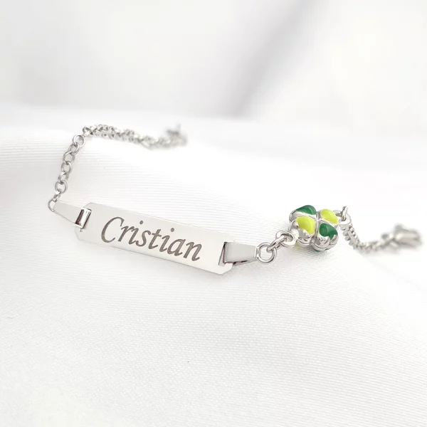 Bratara bebe - Placuta cu nume - Trifoi colorat si lantisor - Argint 925 Rodiat