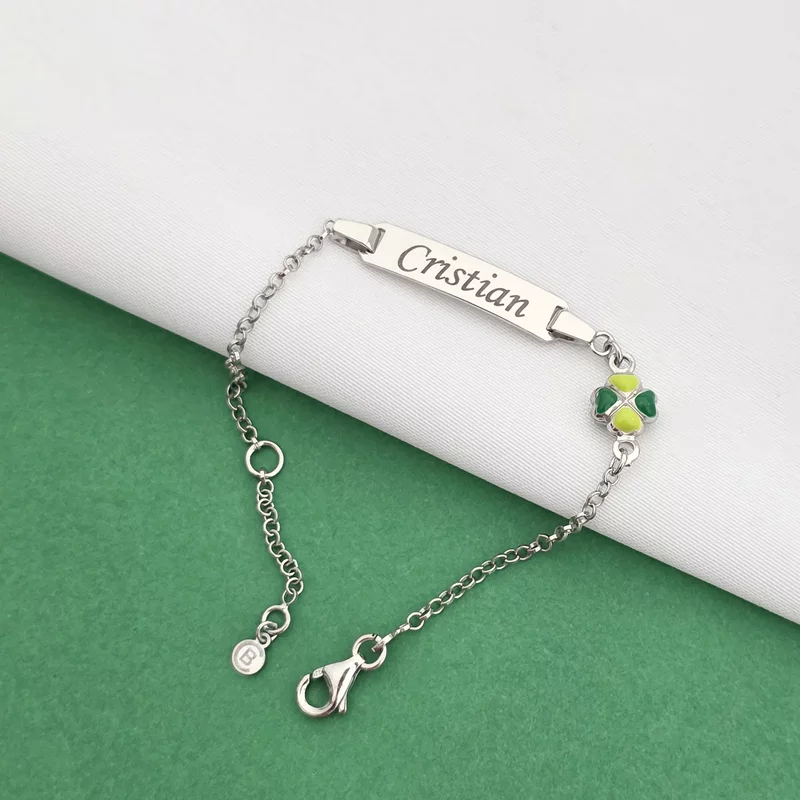 Bratara bebe - Placuta cu nume - Trifoi colorat si lantisor - Argint 925 Rodiat picture - 2