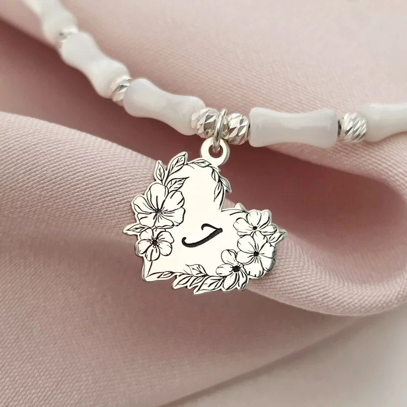 Bratara Buchet din Inima - Personalizat cu Initiala – Pietre Bambus sidef si Bilute – Argint 925 picture - 2