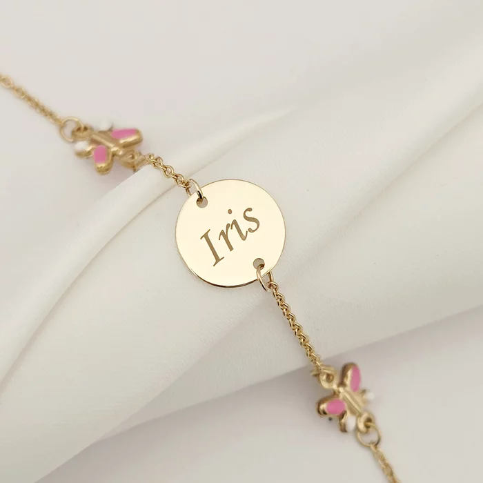 Bratara Chic Baby - Banut personalizat si Fluturasi cu email roz - Lantisor ajustabil - Aur Galben 9K