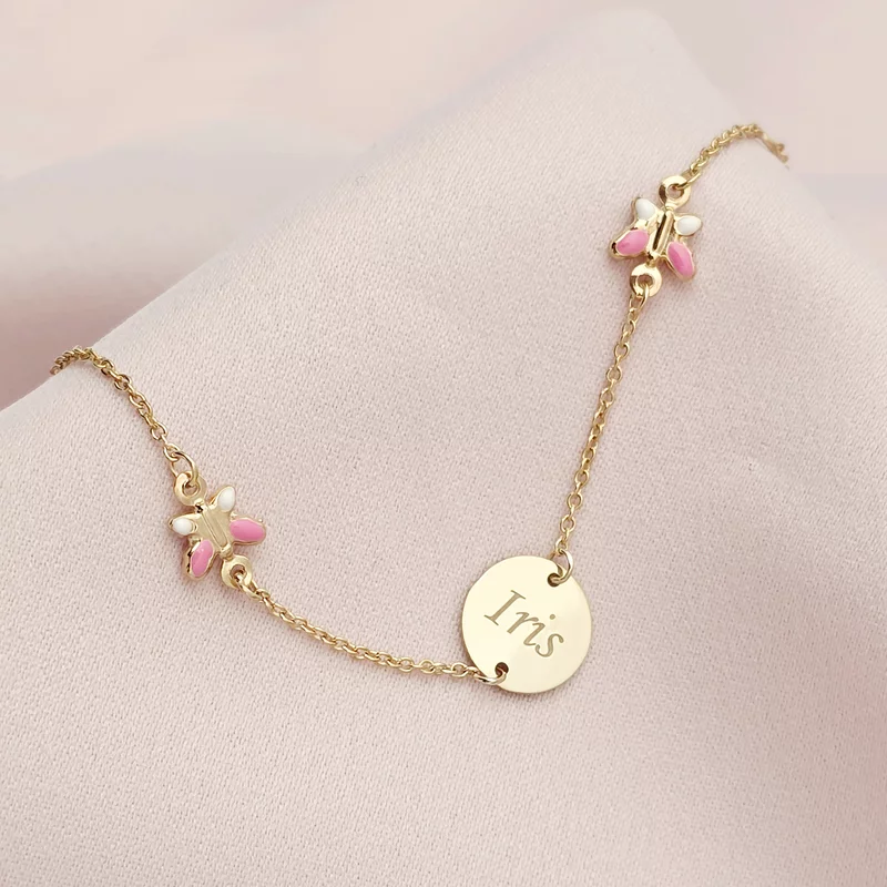 Bratara Chic Baby - Banut personalizat si Fluturasi cu email roz - Lantisor ajustabil - Aur Galben 9K picture - 3