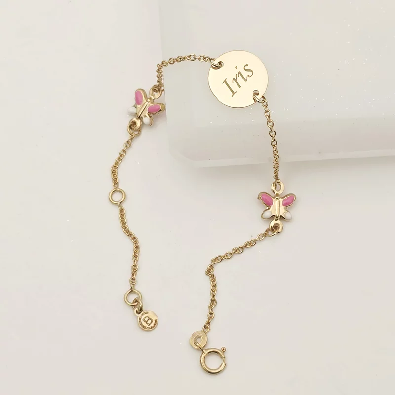 Bratara Chic Baby - Banut personalizat si Fluturasi cu email roz - Lantisor ajustabil - Aur Galben 9K picture - 5