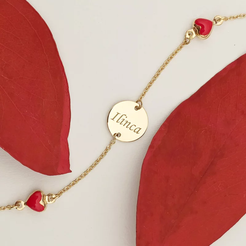 Bratara Chic Baby - Banut personalizat si Inimioare cu email rosu - Lantisor ajustabil - Aur Galben 9K picture - 3