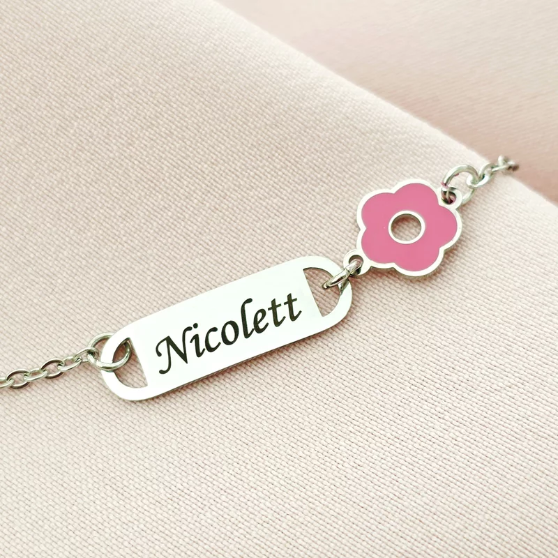 Bratara copii cu lantisor - Placuta si charm floare - Otel Inoxidabil 316L picture - 3