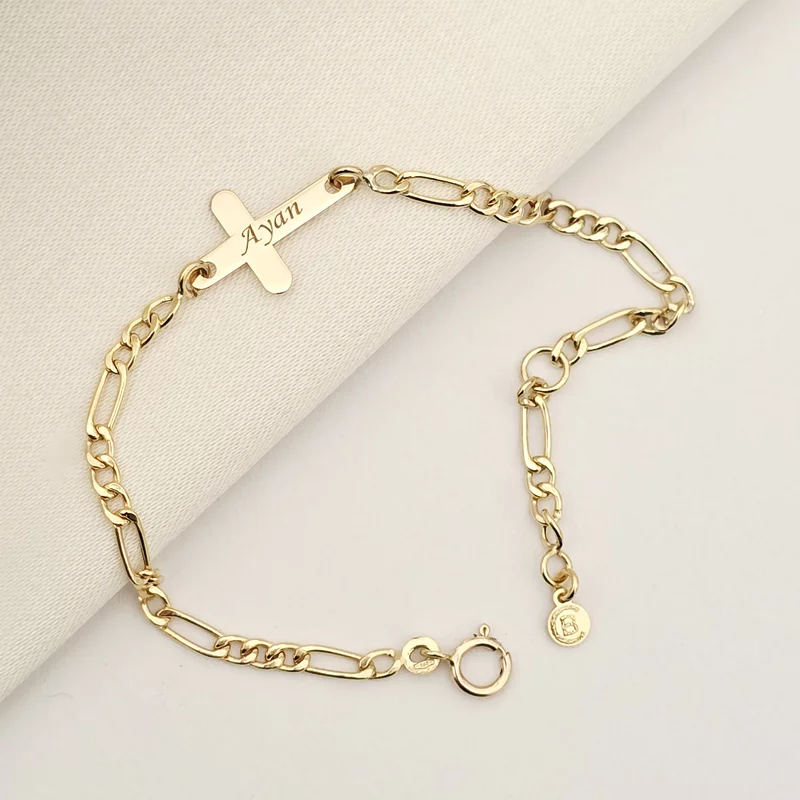 Bratara Cruciulita de 15 mm - Nume gravat - Aur Galben 9K - Cu lantisor fata/baiat picture - 3