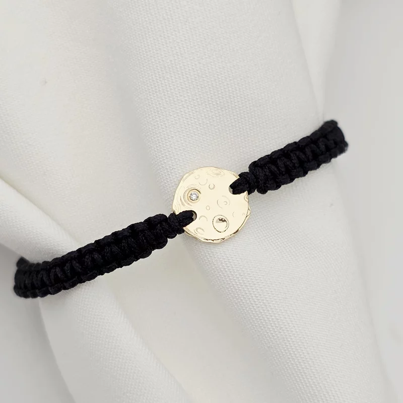 Bratara cu Diamant natural alb- Luna plina - Aur Galben 14K si snur reglabil impletit picture - 3