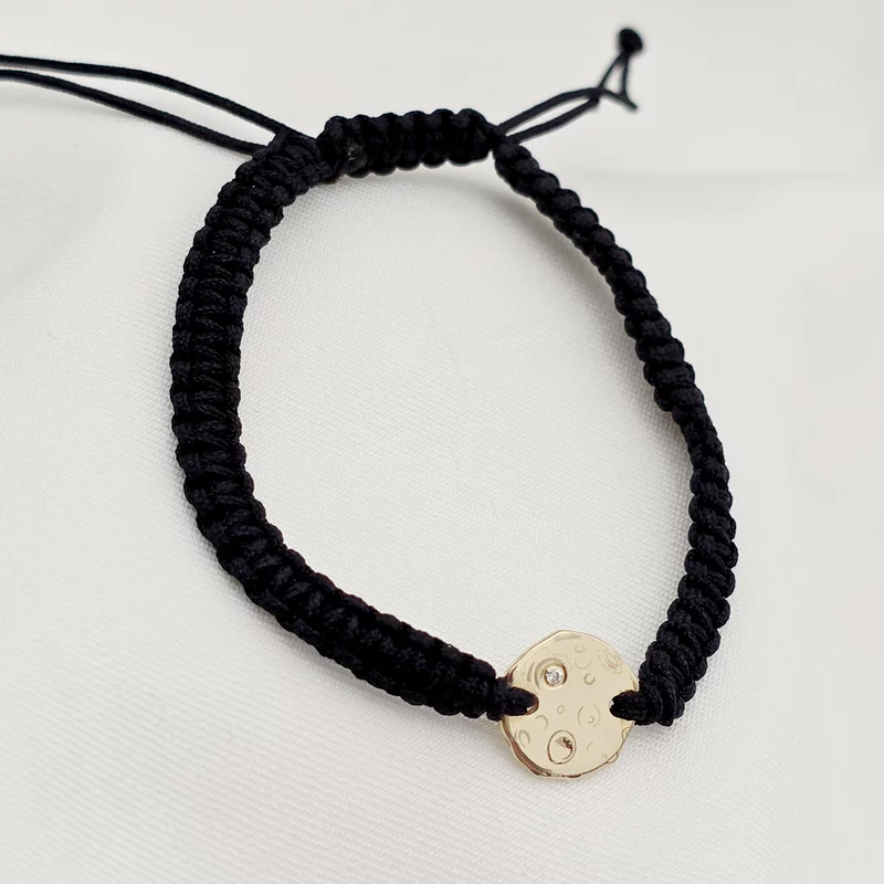 Bratara cu Diamant natural alb- Luna plina - Aur Galben 14K si snur reglabil impletit picture - 4