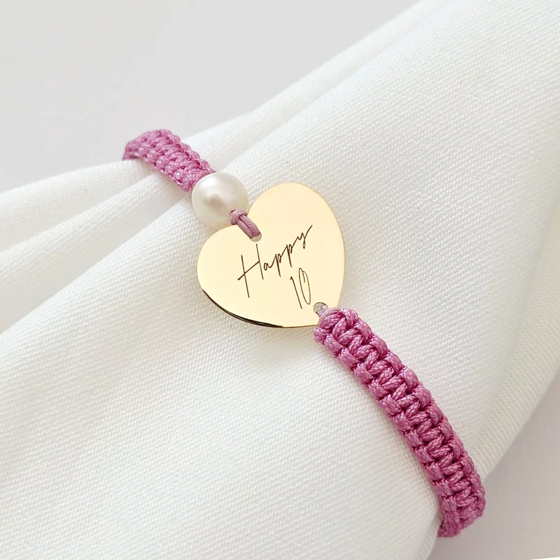 Bratara cu perla - Nume soptit - Model inima si 1 perla prinse intr-un snur impletit - Aur Galben 9K picture - 1