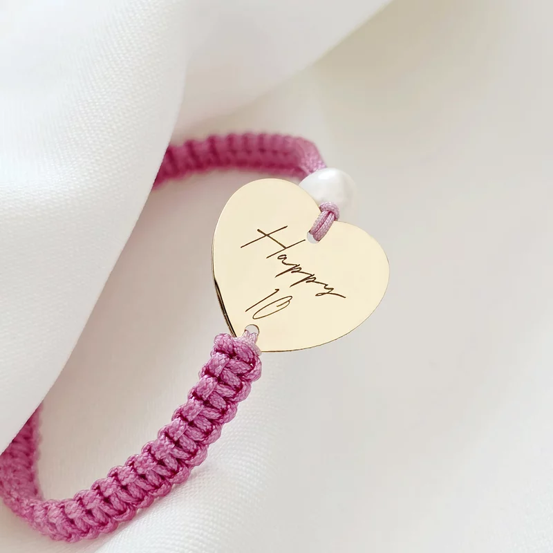 Bratara cu perla - Nume soptit - Model inima si 1 perla prinse intr-un snur impletit - Aur Galben 9K picture - 3