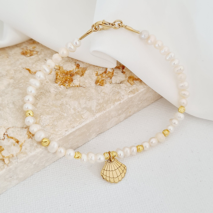 Bratara cu Perle – Charm scoica  Venus – Model sirag perle cu 8 bilute – Argint 925 placat cu Aur Galben 18K 18K