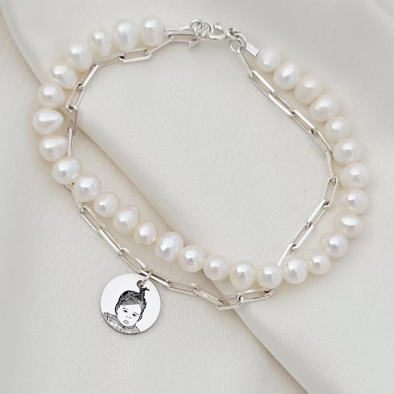 Bratara cu Perle - Puritate capturata - Model 2 straturi cu sirag perle si lant cu pandantiv fotogravura - Argint 925 picture - 5