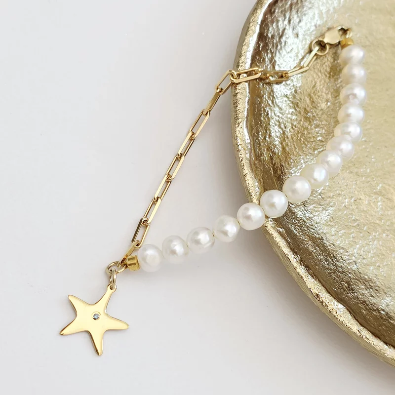 Bratara cu Perle si Diamant natural - Stella Marina - Model combinat cu perle si lantisor zale - Argint 925 placat cu Aur Galben 18K picture - 4