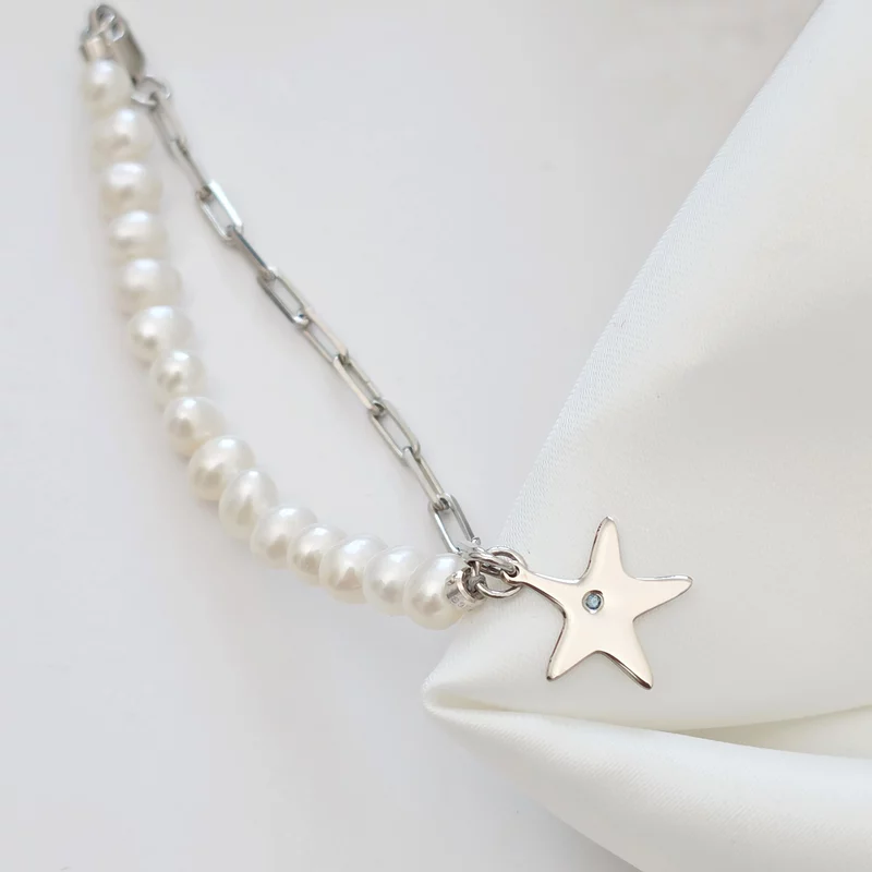 Bratara cu Perle si Diamant natural - Stella Marina - Model combinat cu perle si lantisor zale - Argint 925 Rodiat picture - 5