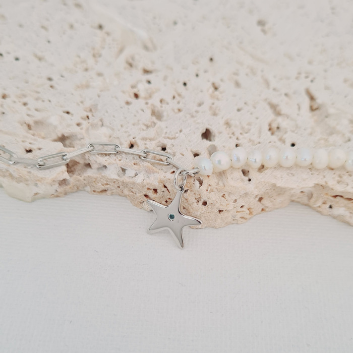 Bratara cu Perle – Stea de mare cu Diamant natural – Model combinat cu perle si lantisor zale – Argint 925 Rodiat 925