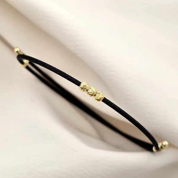 Brățară cu Șnur negru Gros și 3 Biluțe din Argint 925 Placat cu Aur Galben 18K