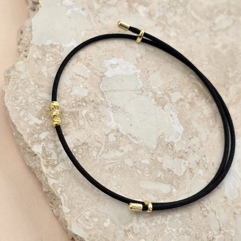 Brățară cu Șnur negru Gros și 3 Biluțe din Argint 925 Placat cu Aur Galben 18K picture - 3