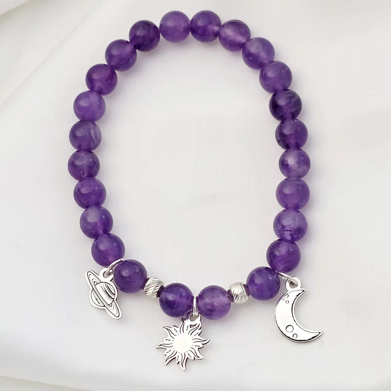 Bratara din Ametist si Talismane din Argint 925 - Luna, Soarele si Saturn - Snur elastic picture - 3