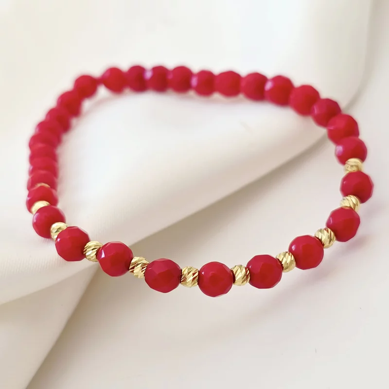 Bratara din pietre de Coral si Bilute din Aur 14K - Snur elastic picture - 6