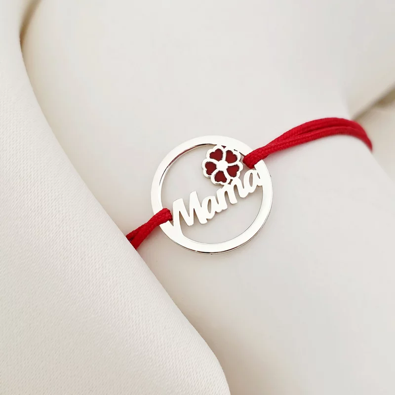 Bratara disc si nume decupat - Mama si floare cu email rosu - Argint 925 - Snur reglabil, diverse culori picture - 2