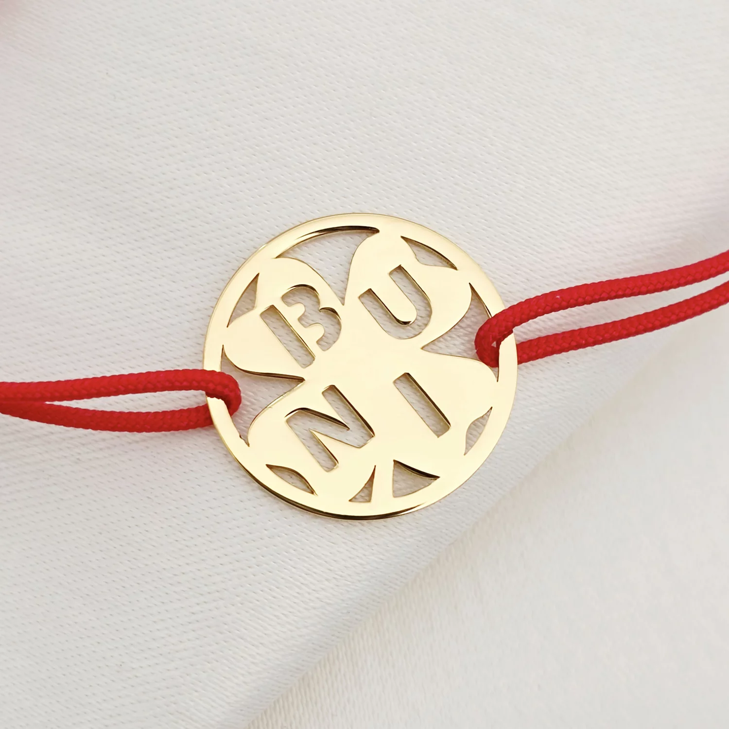 Bratara disc si trifoi cu patru foi - decupaj Buni - Argint 925 placat cu Aur Galben 18K- Snur reglabil, diverse culori