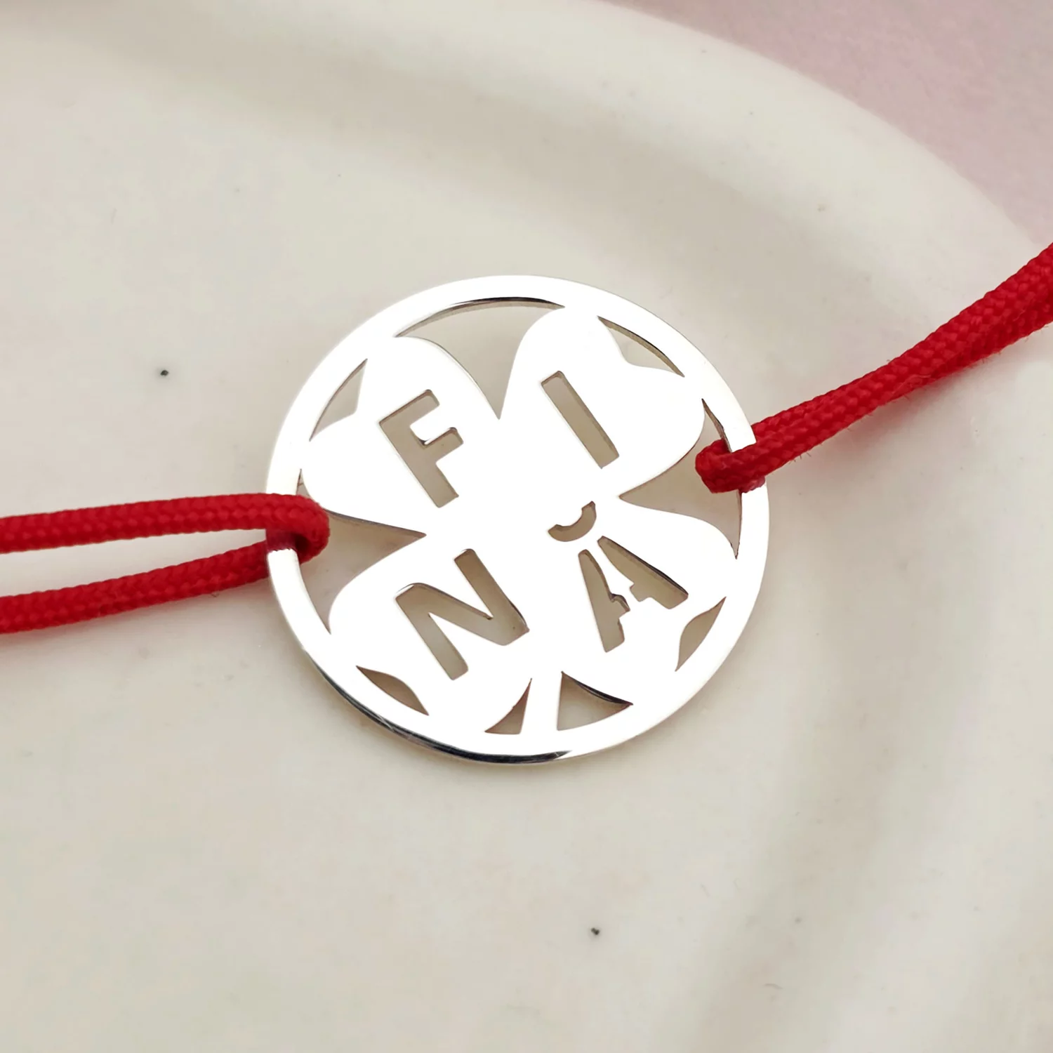 Bratara disc si trifoi cu patru foi - decupaj Fina - Argint 925 - Snur reglabil, diverse culori