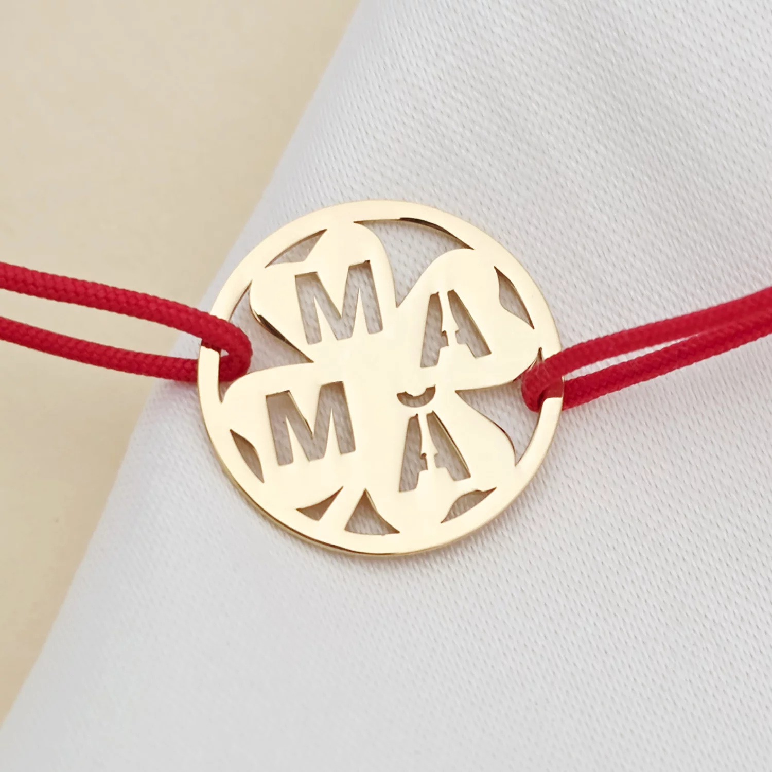 Bratara disc si trifoi cu patru foi - decupaj Mama - Argint 925 placat cu Aur Galben 18K- Snur reglabil, diverse culori