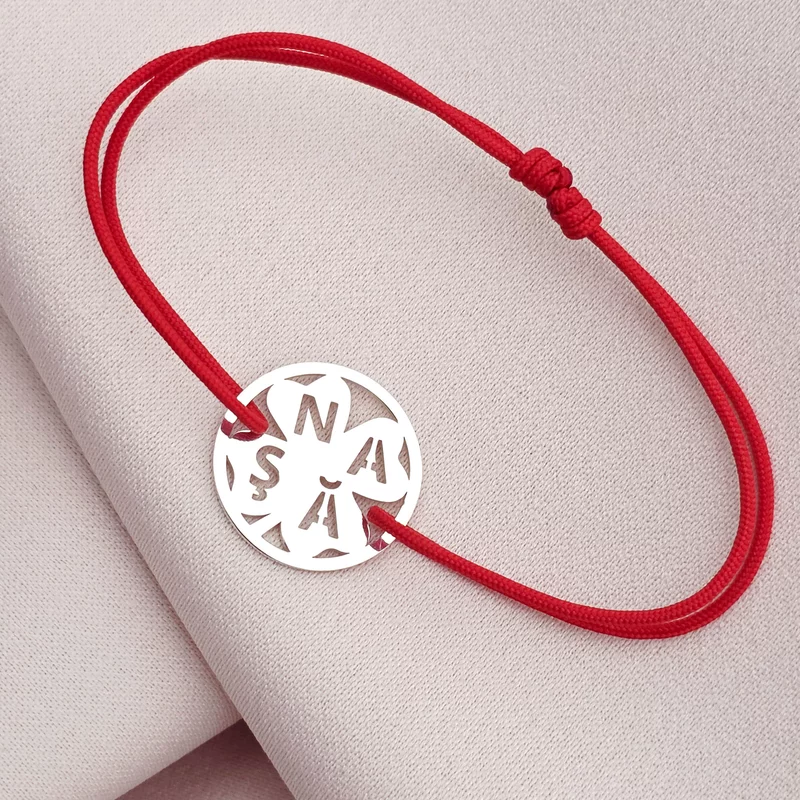 Bratara disc si trifoi cu patru foi - decupaj Nașă- Argint 925 - Snur reglabil, diverse culori picture - 3