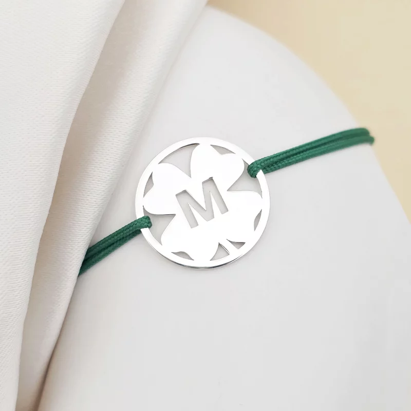 Bratara disc si trifoi - Initiala personalizata - Argint 925- Snur reglabil, diverse culori picture - 3