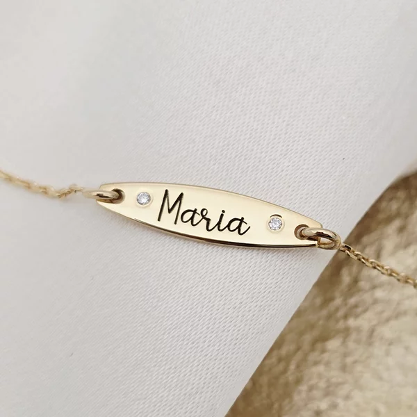 Bratara Fior al Identitatii - Model Placuta cu nume, 2 Diamante naturale si lant zale - Argint 925 placat cu Aur Galben 18K