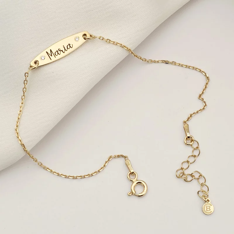 Bratara Fior al Identitatii - Model Placuta cu nume, 2 Diamante naturale si lant zale - Argint 925 placat cu Aur Galben 18K picture - 4