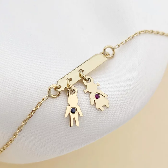 Bratara Fior al Vietii - Model placuta cu charm Baietel si Fetita cu Safir si Rubin - Argint 925 placat cu Aur Galben 18K