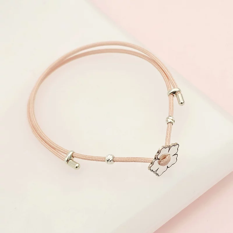 Brățara Floare cu 5 petale - Șnur roz Gros si 2 bilute - Argint 925 picture - 2