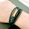 Bratara Fresh - Model barbatesc cu piele verde - Placuta cu gravura personalizata din Argint 925 placat cu Aur Galben 18K - Inchizatoare neagra inox