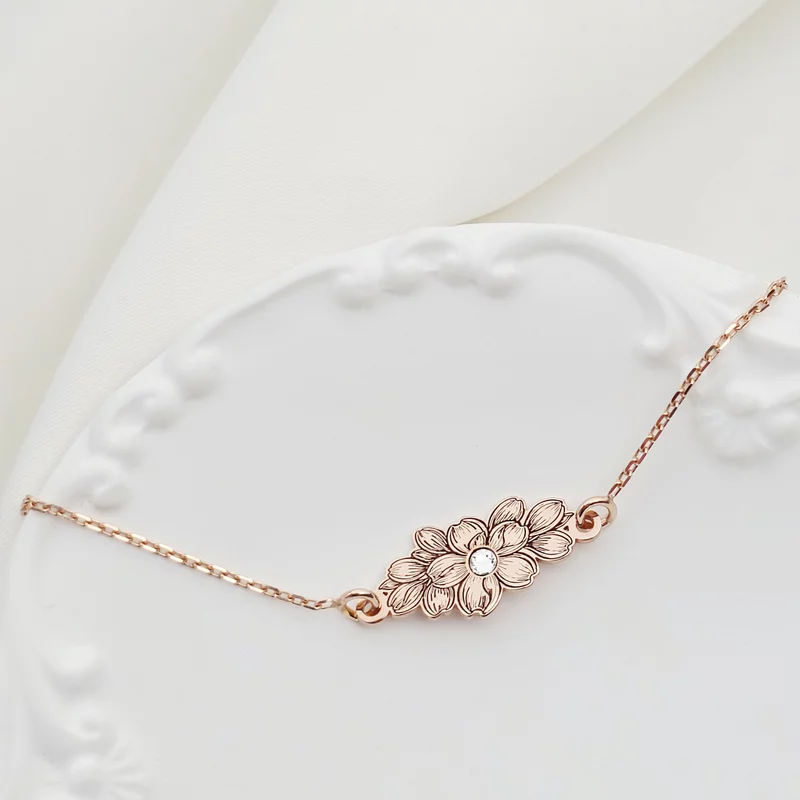 Bratara IMPREUNA - Floare sakura cu cristal Swarovski & lantisor - Argint 925 placat cu Aur Roz 18K picture - 3