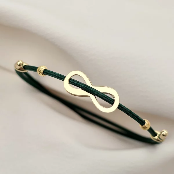 Brățara Infinitul Meu - Șnur verde Gros si 2 bilute de 3 mm - Argint 925 placat cu Aur Galben 18K
