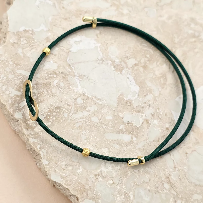 Brățara Infinitul Meu - Șnur verde Gros si 2 bilute de 3 mm - Argint 925 placat cu Aur Galben 18K picture - 3