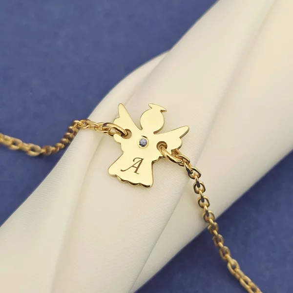 Bratara ingeras - personalizat cu initiala si Piatra pretioasa - Argint 925 placat cu Aur Galben 18K - Cu lantisor fata/baiat