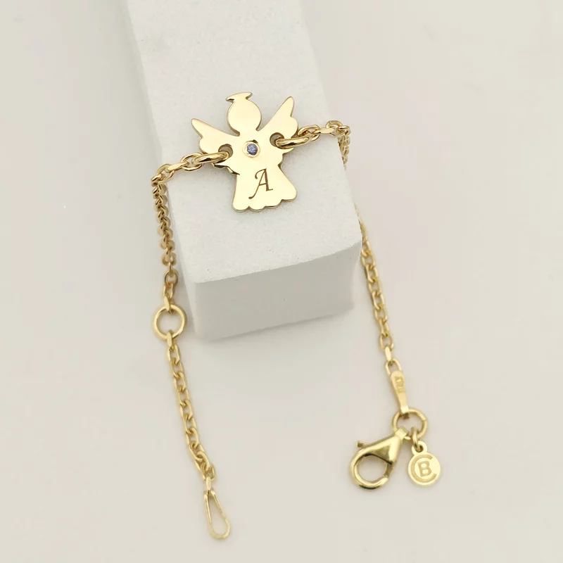 Bratara ingeras - personalizat cu initiala si Piatra pretioasa - Argint 925 placat cu Aur Galben 18K - Cu lantisor fata/baiat picture - 4