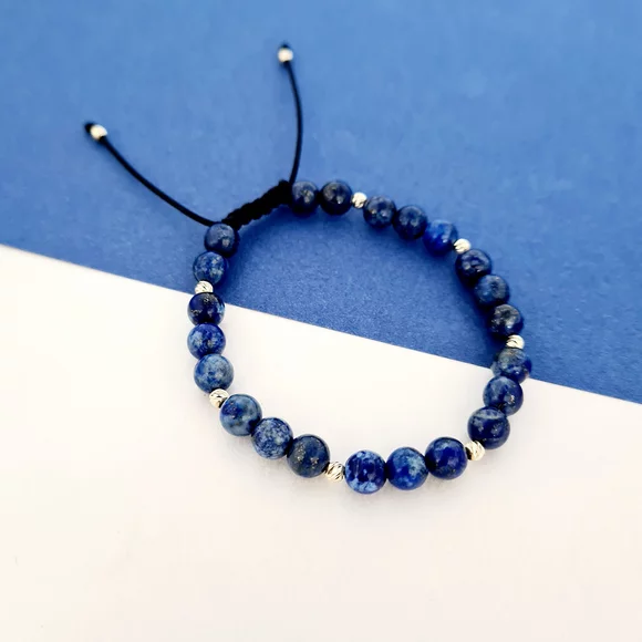 Bratara Intelepciune - Pietre Lapis Lazuli - Bilute din Aur 14K - Snur negru rezistent si reglabil
