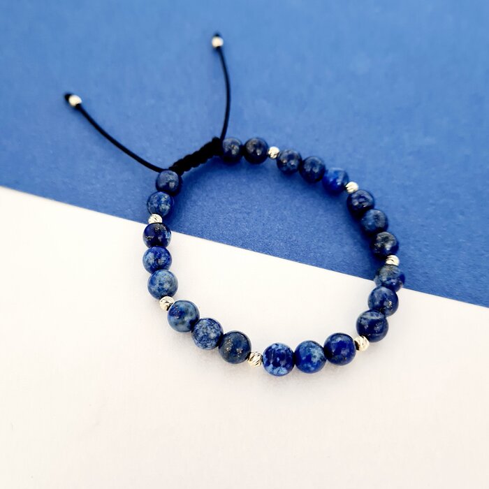 Bratara Intelepciune – Pietre Lapis Lazuli – Bilute din Aur 14K – Snur negru rezistent si reglabil 14K