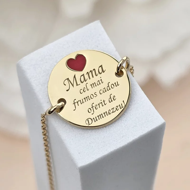 Bratara Mama, cadou de la Dumnezeu - Argint 925 placat cu Aur Galben 18K si inima cu email rosu - cu lantisor picture - 4