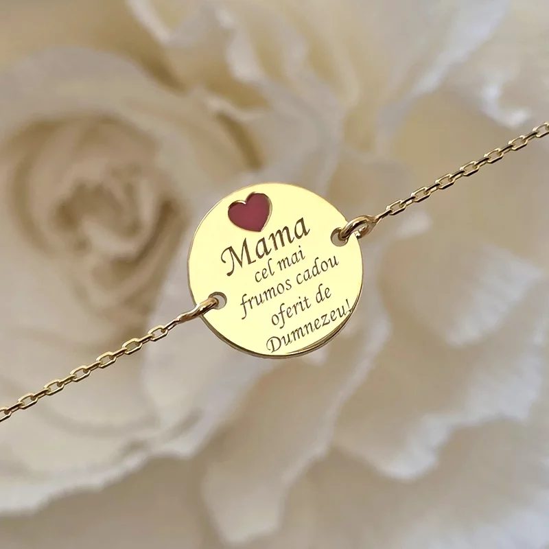 Bratara Mama, cadou de la Dumnezeu - Argint 925 placat cu Aur Galben 18K si inima cu email rosu - cu lantisor picture - 3