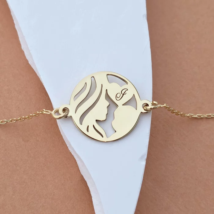 Brățară Mama și Bebe cu Bănuț Personalizat și Inimă Gravată - Argint 925 placat cu Aur Galben 18K