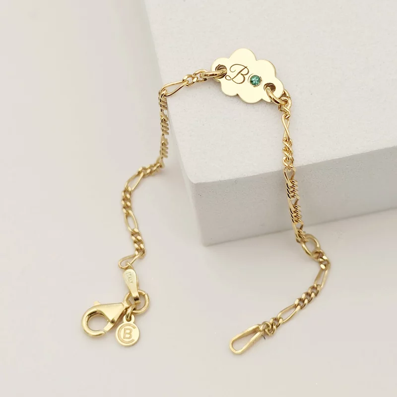 Bratara norisor - persoalizata cu initiala si Piatra pretioasa - Argint 925 placat cu Aur Galben 18K - Cu lantisor fata/baiat picture - 3