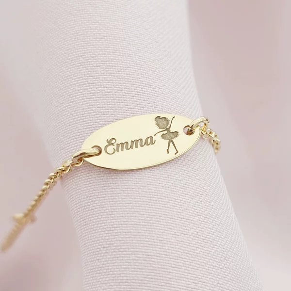 Bratara oval simbol balerina - Nume personalizat - Argint 925 placat cu Aur Galben 18K - Cu lantisor fata/baiat