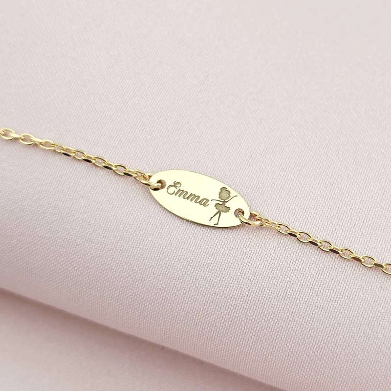 Bratara oval simbol balerina - Nume personalizat - Argint 925 placat cu Aur Galben 18K - Cu lantisor fata/baiat picture - 3