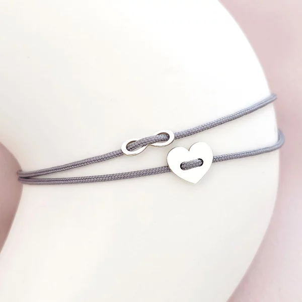 Bratara cu snur glisanta - Inima si infinit tip nasture - Argint 925