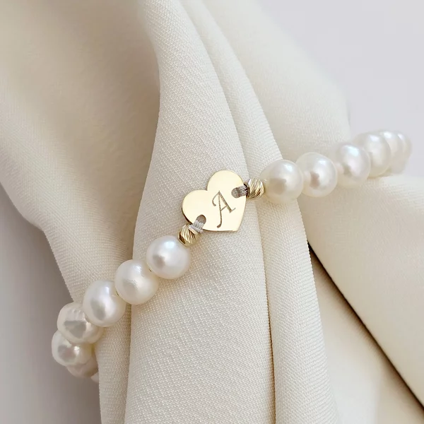 Bratara Perle - Inima personalizata din Aur Galben 14K - Model cu sirag perlat si snur reglabil