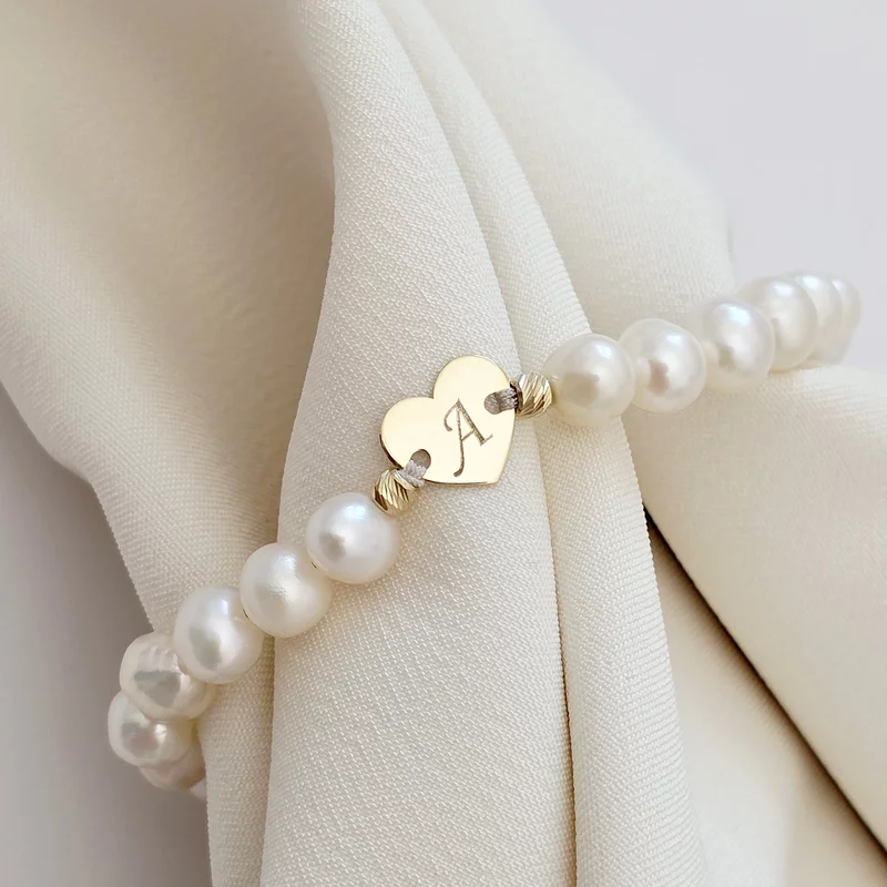 Bratara Perle - Inima personalizata din Aur Galben 14K - Model cu sirag perlat si snur reglabil